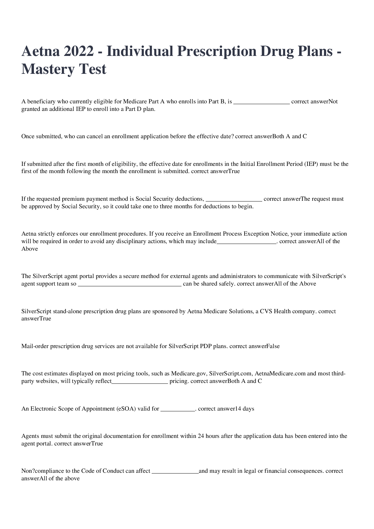 Preview image for Aetna exam 2022/2023 - Individual Prescription Drug Plans - Mastery Test